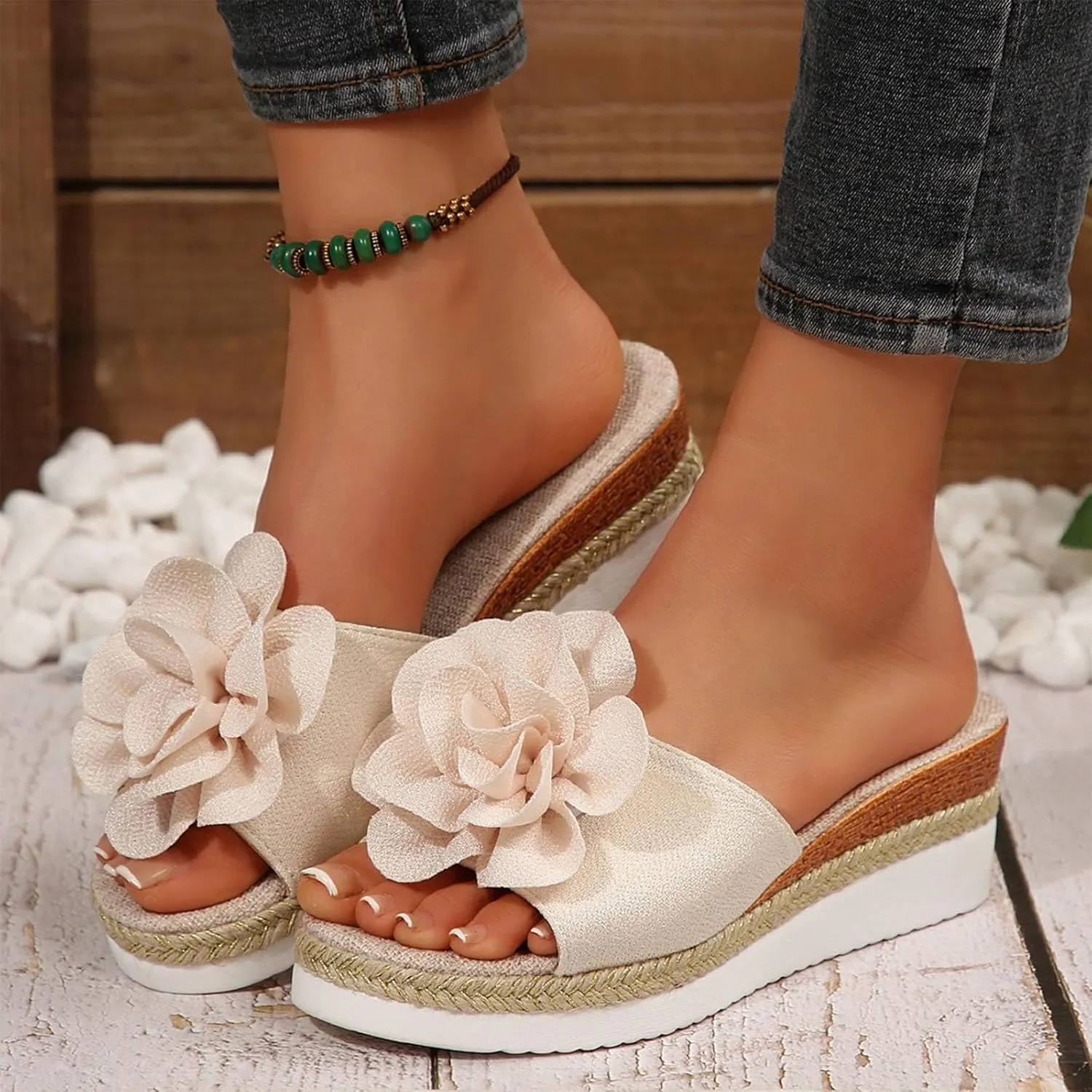 Womens Wedge Slide Sandals Chic Flower Open Toe Comfort Dressy Summer Slip-On Slipper Flatform Espadrilles