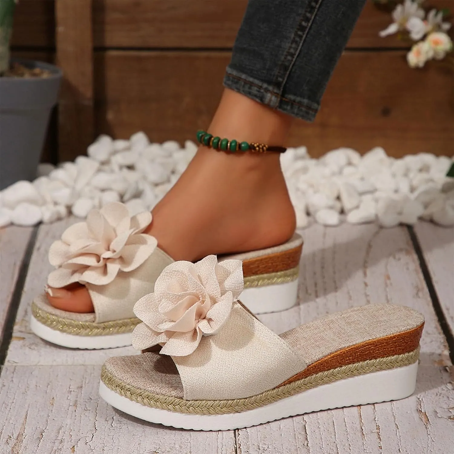 Womens Wedge Slide Sandals Chic Flower Open Toe Comfort Dressy Summer Slip-On Slipper Flatform Espadrilles