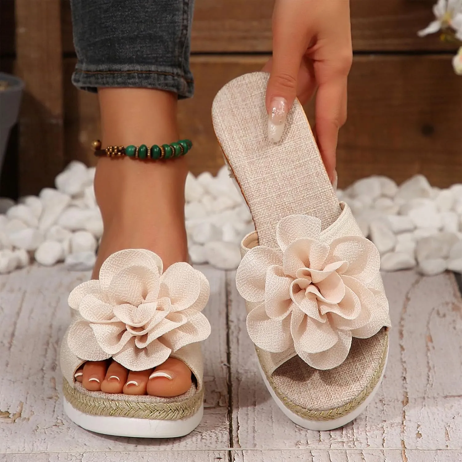 Womens Wedge Slide Sandals Chic Flower Open Toe Comfort Dressy Summer Slip-On Slipper Flatform Espadrilles