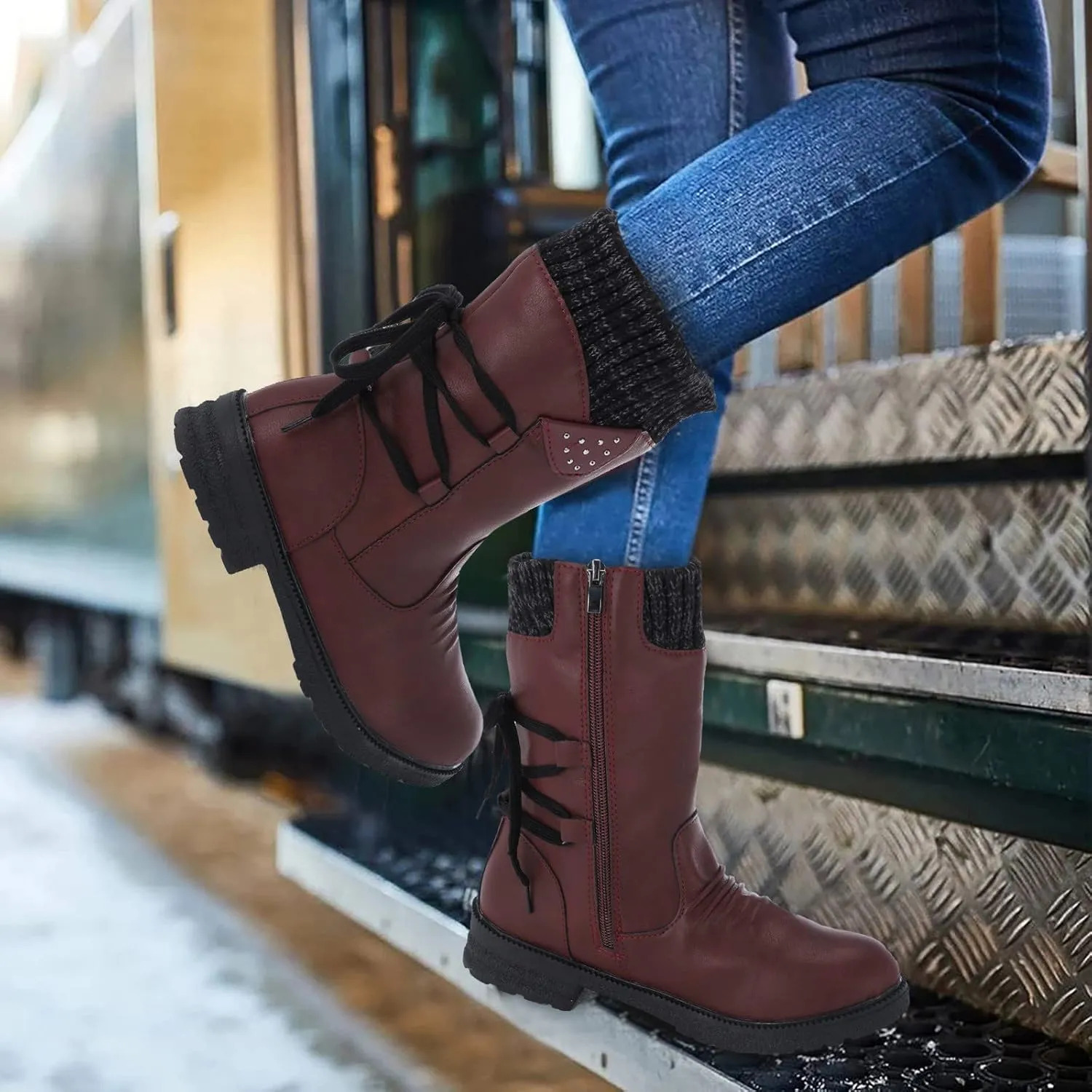 Womens Winter Snow Boots - Casual Hiking Boots For Women Outdoor Snow Mid Calf Boots Lightweight Lace up Fur Lined Walking Shoes Fashion Side Zipper Dressy Booties Slip On Riding Boots