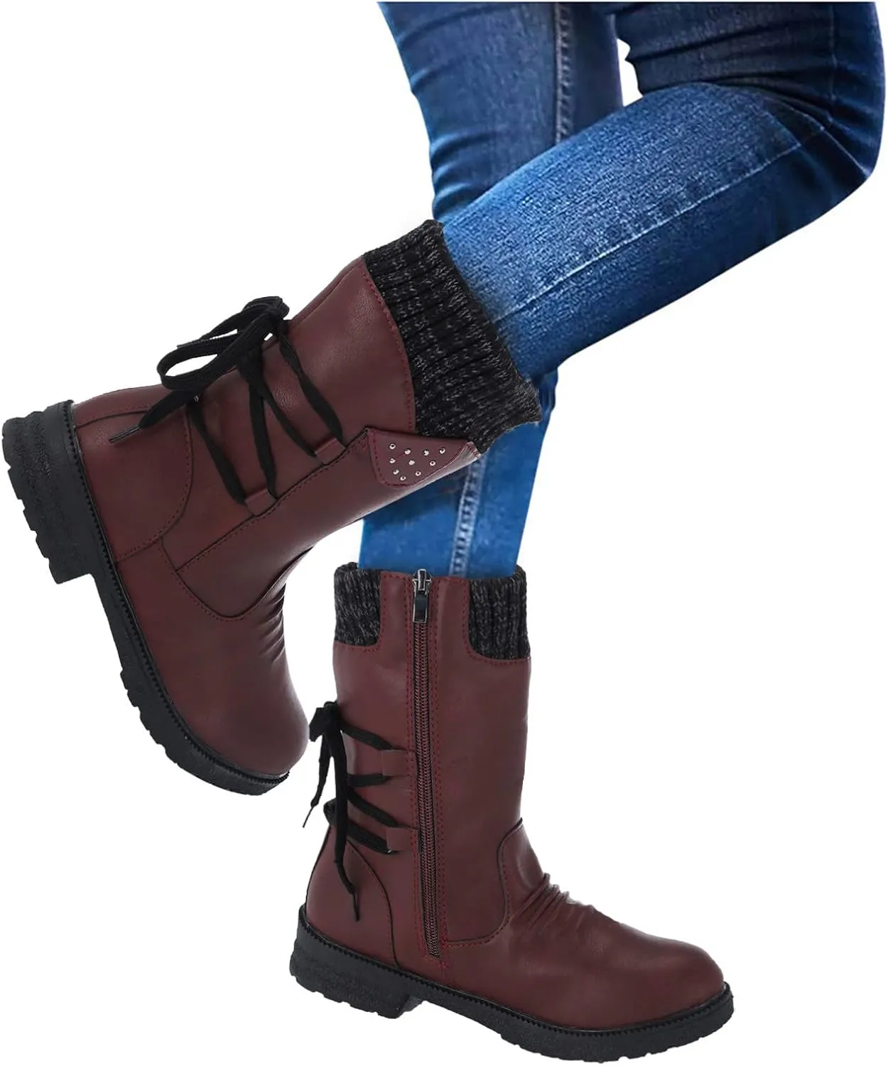 Womens Winter Snow Boots - Casual Hiking Boots For Women Outdoor Snow Mid Calf Boots Lightweight Lace up Fur Lined Walking Shoes Fashion Side Zipper Dressy Booties Slip On Riding Boots