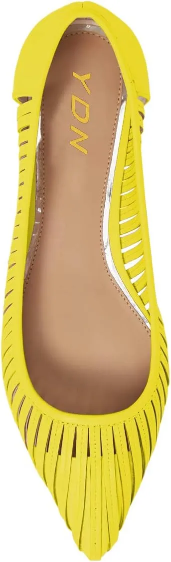 YDN Women Chic Pointed Toe Hollow Out Ballet Flats Caged Low Heel Slip On Comfy Pumps Shoes