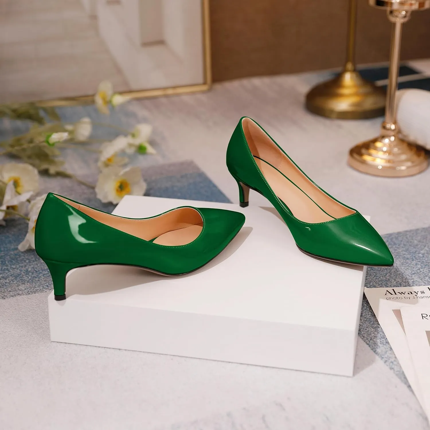 YODEKS Women's Pointed Toe Pumps 2" Kitten Middle Heel Chic Pumps Comfort Slip On Low Heel Dress Pumps Shoes