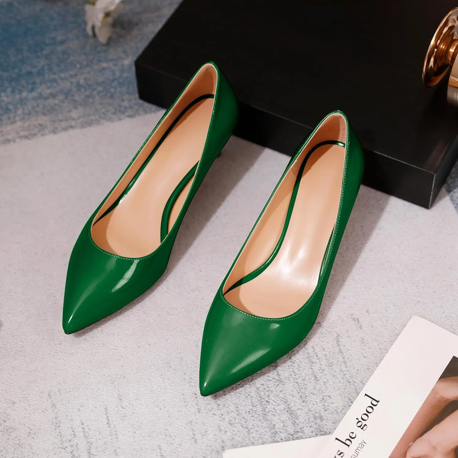 YODEKS Women's Pointed Toe Pumps 2" Kitten Middle Heel Chic Pumps Comfort Slip On Low Heel Dress Pumps Shoes